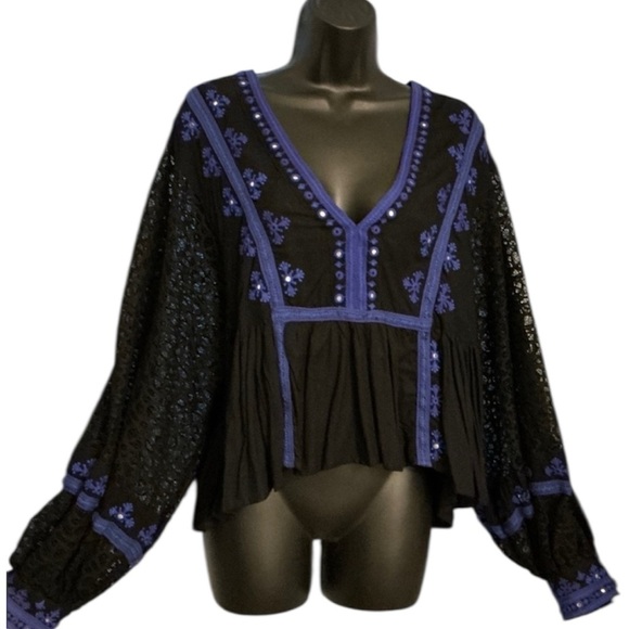 Free People Tops - Free People Black and Purple Embroidered Blouse